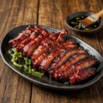 Chinese BBQ pork served on a rustic wooden table with hoisin glazed grilled pork