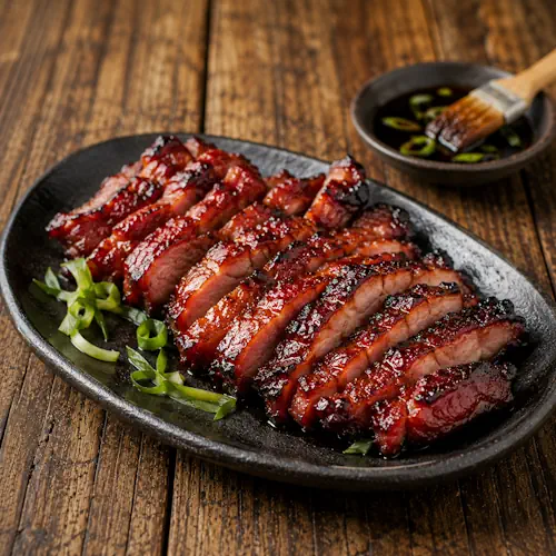 Chinese BBQ pork served on a rustic wooden table with hoisin glazed grilled pork