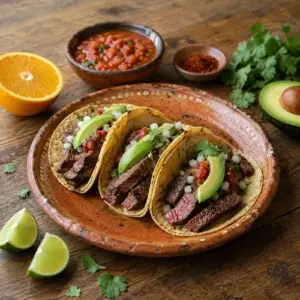 Chipotle carne asada tacos with avocado, onion, cilantro and salsa on a rustic wooden table.