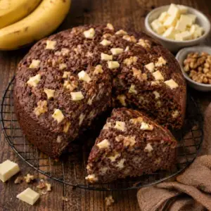 Chocolate banana bread with white chocolate and walnuts, baked in the air fryer and served on a rustic brown wooden table.