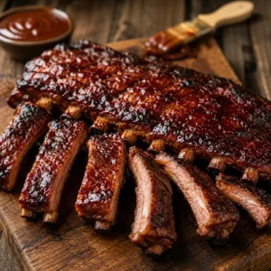 backyard spareribs served on a rustic wooden table with smoky barbecue pork ribs