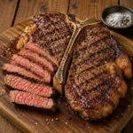 grilled porterhouse steak served on a rustic wooden table with smoky barbecue crust and juicy sliced beef