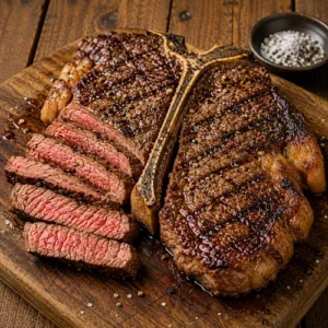 grilled porterhouse steak served on a rustic wooden table with smoky barbecue crust and juicy sliced beef