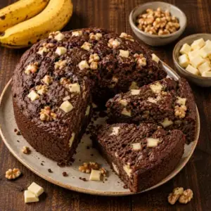 Rich chocolate banana bread with walnuts and chunks of white chocolate, baked in the air fryer and served on a rustic brown wooden table.