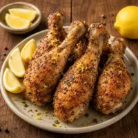 Crispy air fryer chicken drumsticks seasoned with coarse black pepper, garlic and fresh lemon zest, served with lemon wedges on a warm rustic brown wooden table.