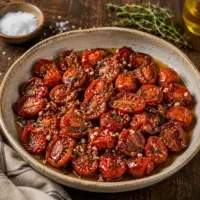 Caramelized maple-roasted cherry tomatoes with fresh thyme, garlic and black pepper served on a rustic wooden table.