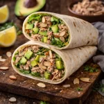 Avocado almond tuna wraps with tuna, avocado and sliced almonds on a rustic wooden table