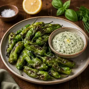 Blistered air-fried shishito peppers with flaky sea salt and creamy herb Green Goddess dressing on a rustic wooden table.