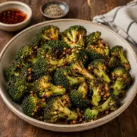 Crispy chili-roasted broccoli with Sichuan peppercorns, fresh ginger and garlic served on a rustic wooden table.