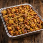 smoked sausage stuffing served on a rustic wooden table with cornbread sausage stuffing and herbs