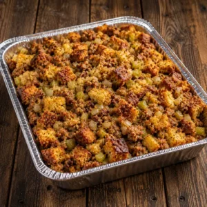 smoked sausage stuffing served on a rustic wooden table with cornbread sausage stuffing and herbs