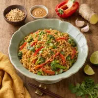 Spicy Thai peanut noodles with broccoli, red pepper, cilantro and chopped peanuts