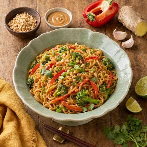 Spicy Thai peanut noodles with broccoli, red pepper, cilantro and chopped peanuts