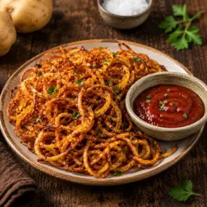 Crispy paprika-spiced spiralized potato nest served with homemade spicy tomato ketchup on a rustic wooden table.