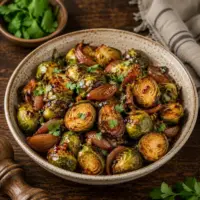 Crispy sweet-and-sour Brussels sprouts with caramelized shallots, a sticky spicy glaze and fresh cilantro on a rustic wooden table.