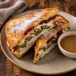 Golden Thanksgiving leftover Monte Cristo filled with turkey, stuffing, mashed potatoes, green beans, Swiss cheese and cranberry sauce, served with warm gravy on a rustic wooden table.