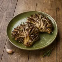 Crispy roasted maitake mushrooms with sesame seeds, thyme and flaky sea salt on a rustic wooden table.