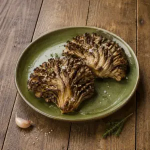 Crispy roasted maitake mushrooms with sesame seeds, thyme and flaky sea salt on a rustic wooden table.