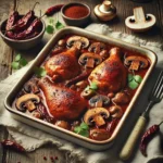 Baked Chicken with Mushrooms and Ancho Chile on rustic wooden table
