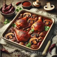 Baked Chicken with Mushrooms and Ancho Chile on rustic wooden table