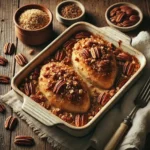 Baked Chicken with Pecans on rustic wooden table