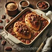 Baked Chicken with Pecans on rustic wooden table