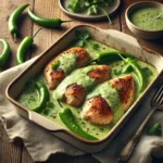 Baked Chicken with Serrano Chile Cream Sauce on rustic wooden table