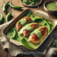 Baked Chicken with Serrano Chile Cream Sauce on rustic wooden table