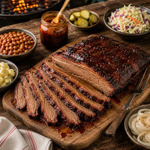 barbecued brisket served on a rustic wooden table with sliced beef and smoky barbecue sauce