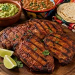 adobo pork steak served on a rustic wooden table with smoky grilled pork and red chile marinade