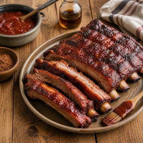 BBQ ribs grilled with sauce on a rustic barbecue setup
