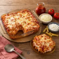 Creamy cottage cheese ziti baked with marinara sauce and a melted mozzarella topping