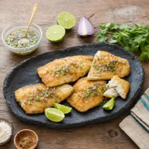Ensenada lime fish fillets with red onion, cilantro, lime wedges, and fresh cumin vinaigrette