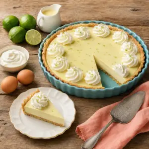 Mexico City lime tart with a golden pastry shell, creamy lime filling, whipped cream, and fresh lime slices
