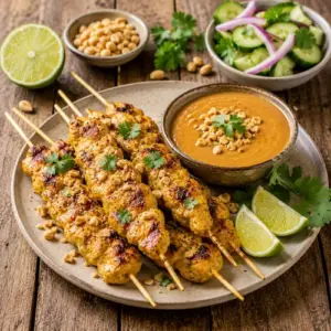 Thai Chicken Satay skewers grilled until golden and served with creamy peanut sauce on a rustic platter.
