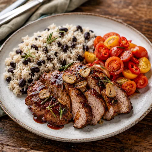 BBQ pork with grilled pork recipe, rice, beans, and tomato salad on a rustic wooden table