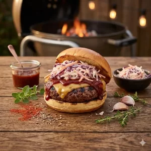 barbecued beef burgers with coleslaw on a rustic wooden table