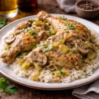 beer-smothered chicken on a rustic wooden table