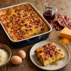 Maple bacon breakfast bake topped with melted Cheddar and crispy bacon