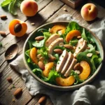 Apricot-chicken salad on rustic wooden table