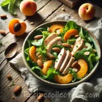 Apricot-chicken salad on rustic wooden table