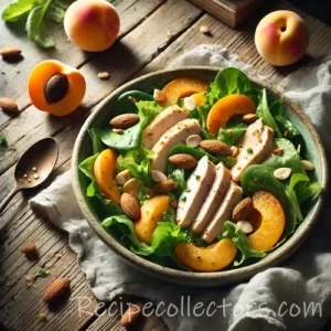 Apricot-chicken salad on rustic wooden table