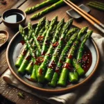 Asian-glazed asparagus on rustic wooden table
