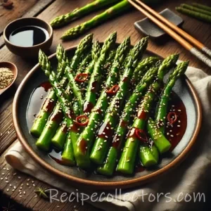 Asian-glazed asparagus on rustic wooden table