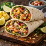 Caribbean seafood wraps with shrimp, fish, mango and fresh vegetables on a rustic wooden table