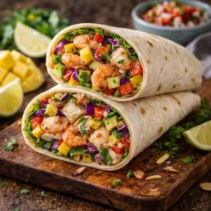 Caribbean seafood wraps with shrimp, fish, mango and fresh vegetables on a rustic wooden table