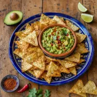 Tortilla chips and guacamole served with lime and fresh coriander
