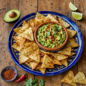 Tortilla chips and guacamole served with lime and fresh coriander