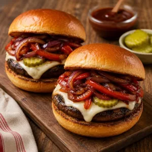 Air Fryer Mushroom Burgers served on a rustic wooden table with melted mozzarella and barbecue mushrooms