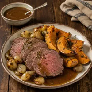 Tender sliced air fryer roast beef with roasted butternut squash, caramelized pearl onions and rich gravy, served on a rustic dark wooden table.